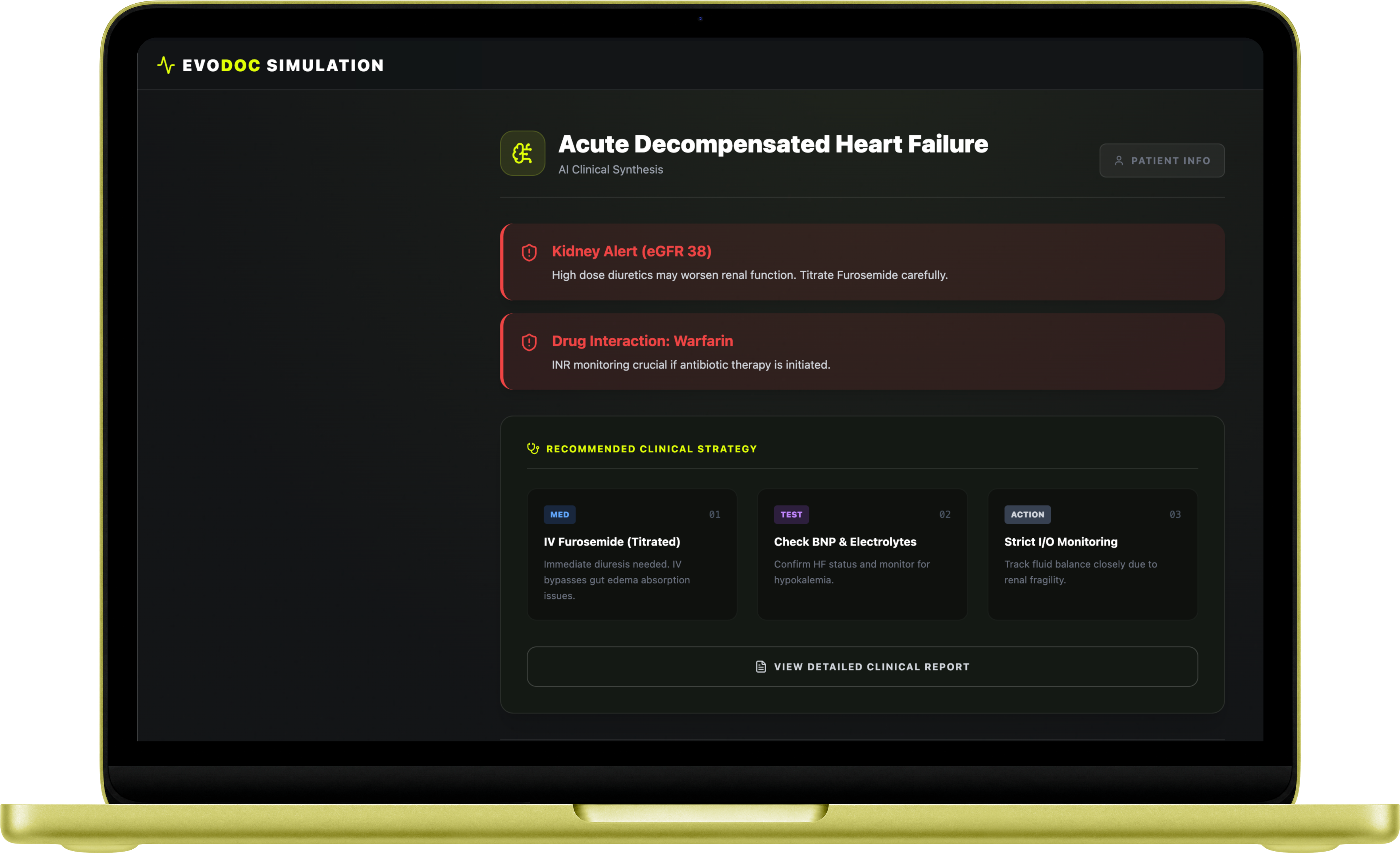 EvoDoc dashboard showing an AI-generated patient overview timeline.